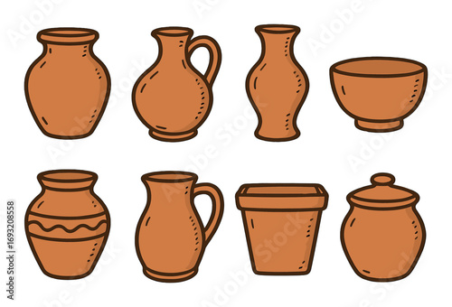 Ceramic pottery silhouette icon set. featuring vase, jar, pitcher, bowl, and pot symbols.