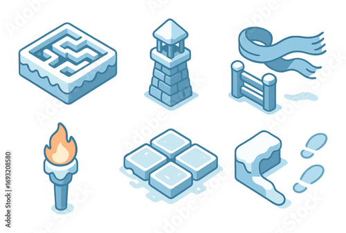 Winter adventure flat icon set. featuring maze, tower, scarf, fence, torch, ice blocks, footprints.