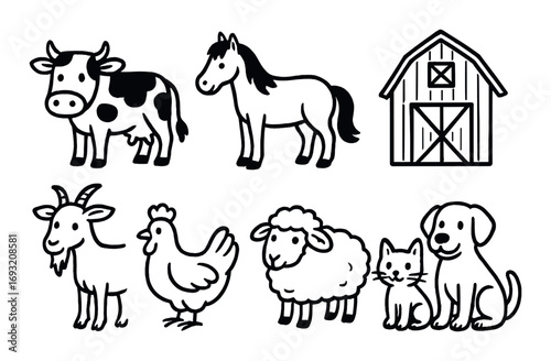 Farm animals silhouette icons set. featuring cow, horse, barn, goat, chicken, sheep, cat, and dog.