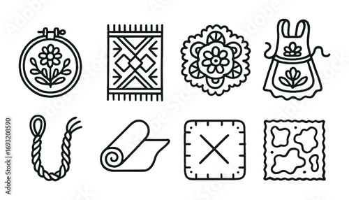 Embroidery crafts linear icon set. featuring embroidery hoop, needlework, thread spool, and fabric swatch symbols.