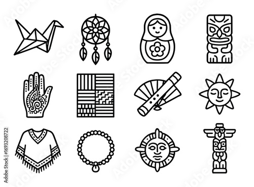 Culture and tradition linear icons set. origami, rose, matryoshka, totem, sun, necklace, hand fan.