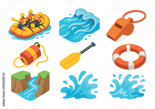 Water sports flat icons set. featuring rafting, waves, whistle, lifebuoy, paddle, waterfall, water splash.
