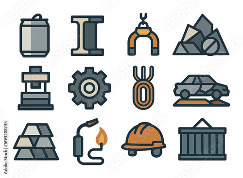 Industrial tools and equipment linear icon set. featuring crane, gear, helmet, container, and welding symbols..
