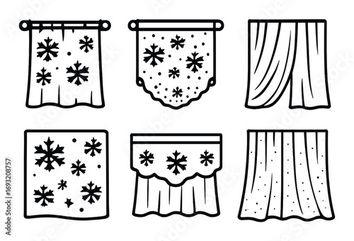 Winter curtain silhouette icons set. featuring snowflake, drape, valance, lace, panel, sheer designs.