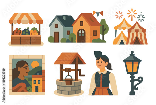 Community festivities flat icons set. featuring market stall, houses, circus tents, street lamp, water well, portrait.