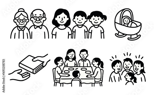 Family linear icon set. featuring grandparents, parents, children, cradle, book, table, and group symbols.