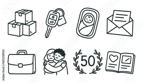 Family and lifestyle linear icon set. featuring boxes, keys, baby, letter, briefcase, embrace, anniversary, diary.