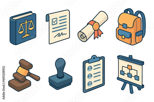 Education and legal flat icon set. featuring book, document, diploma, backpack, gavel, stamp, checklist, chart.