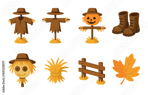 Autumn harvest flat icons set. featuring scarecrow, pumpkin, boots, haystack, fence, leaf symbols.