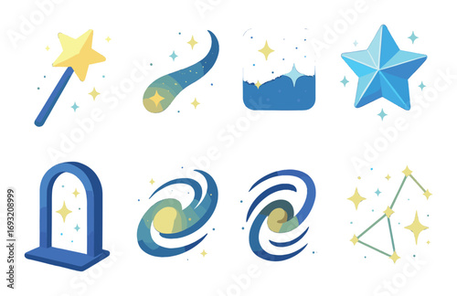 Astronomy and magic gradient icon set. featuring wand, comet, star, archway, whirlpool, and constellation.