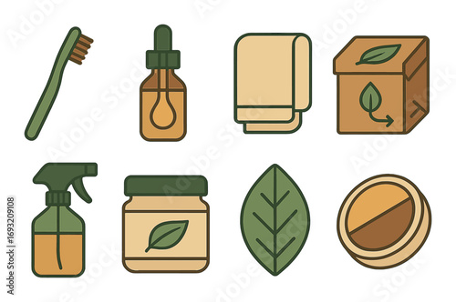 Eco-friendly products flat icon set. featuring toothbrush, oil, towel, box, spray, jar, leaf, cream.