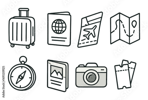 Travel essentials linear icon set. featuring luggage, passport, ticket, map, compass, camera, and brochure.