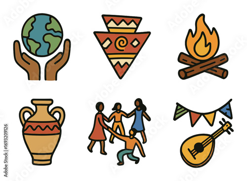 World cultures flat icon set. featuring earth, tribal art, campfire, amphora, dance, and mandolin symbols.