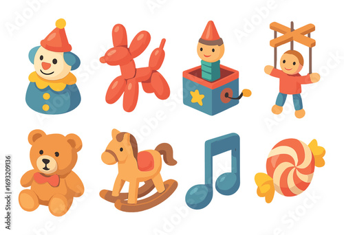 Toys flat icon set. featuring clown, balloon animal, puppet, teddy bear, rocking horse, music note, and candy.