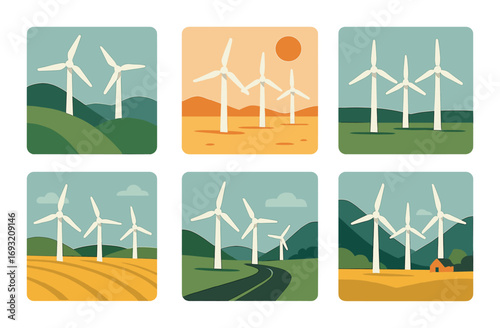 Wind energy linear icon set. featuring turbines, renewable, power, landscape, efficiency, and sustainability symbols.