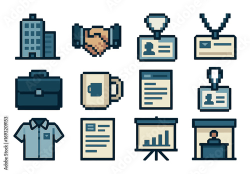 Business essentials flat icon set. featuring office building, handshake, badge, briefcase, mug, presentation symbols.