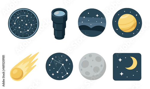Astronomy flat icon set. featuring telescope, star map, moon, planet, shooting star, night sky.