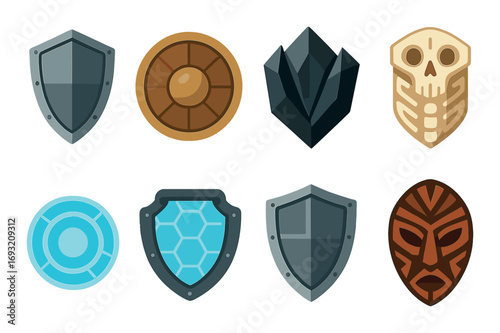 Fantasy shields flat icon set. featuring medieval, wooden, crystal, skull, energy, hexagonal, and tribal masks.