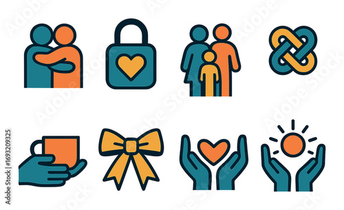 Relationships silhouette icon set. featuring couple, lock, family, infinity, coffee, bow, support, sun symbols.