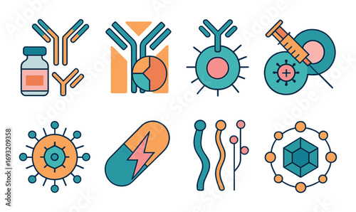 Medical science linear icon set. featuring vaccine, antibody, injection, pill, and cell symbols.