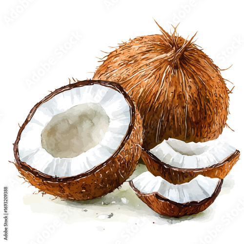 Coconut, watercolor vector, isolated on a white background.