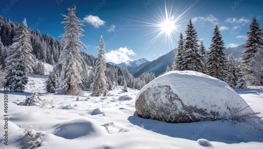 Fototapeta premium Snowy mountain landscape bathed in sunlight
