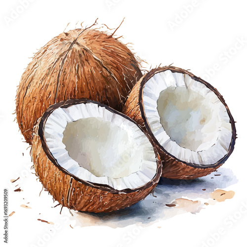 Coconut, watercolor clipart vector, isolated on a white background.
