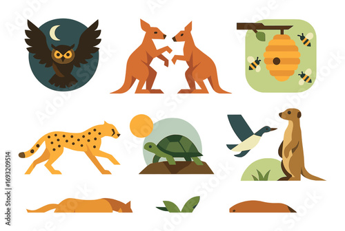 Wildlife animals flat icon set. featuring owl, kangaroo, beehive, cheetah, turtle, bird, and meerkat icons.