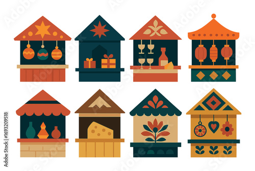 Market stalls silhouette icon set. featuring crafts, wine, cheese, bakery, ornaments, flowers, pottery, and lanterns.