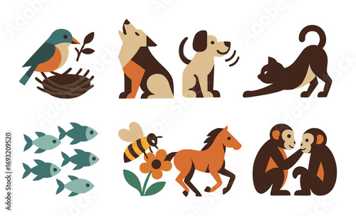 Animal nature flat icons set. featuring bird, wolf, dog, cat, fish, bee, horse, monkey symbols.