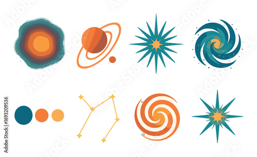 Astronomy flat icon set. featuring galaxy, planet, star, nebula, solar system, constellation, spiral, orbit.