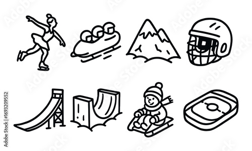 Winter sports silhouette icon set. featuring skating, bobsled, mountain, helmet, slide, halfpipe, sled, and rink icons.