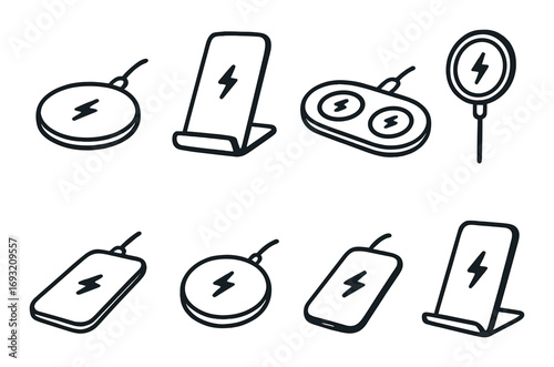 Wireless charging silhouette icon set. featuring pad, stand, dual charger, and charging cable symbols.