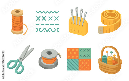 Sewing tools flat icon set. featuring thread, needles, tape, scissors, bobbin, patchwork, basket.