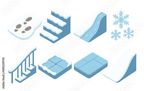 Winter theme flat icon set. featuring footprints, stairs, slide, snowflakes, railing, tiles, and ramp symbols.