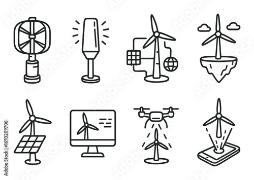 Renewable energy linear icon set. featuring wind turbine, solar panel, floating turbine, drone, and smart device symbols.