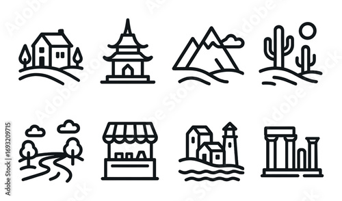 Travel destinations silhouette icon set. featuring house, pagoda, mountains, desert, road, market, church, and ruins icons.