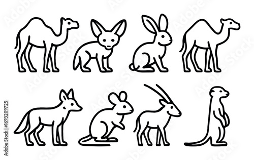 Desert animals silhouette icon set. featuring camel, fennec fox, rabbit, jerboa, gazelle, and meerkat symbols.