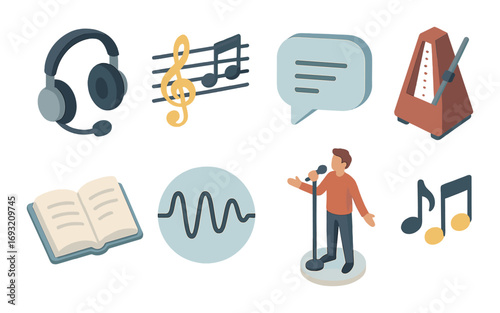 Music activities flat icon set. featuring headset, sheet music, chat bubble, metronome, book, waveform, singer, notes.