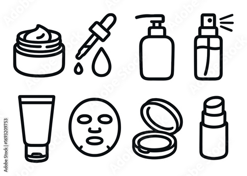 Cosmetics flat icon set. featuring cream, dropper, pump bottle, spray, tube, face mask, compact, lipstick.