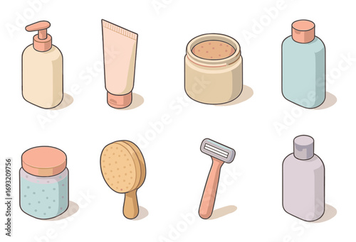 Personal care flat icon set. featuring soap, lotion, scrub, shampoo, cream, brush, razor, and bottle symbols.
