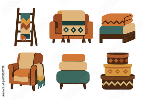 Home decor flat icon set. featuring blanket ladder, armchair, sofa, bed, ottoman, storage boxes.
