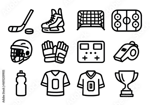 Hockey linear icon set. featuring stick, skates, net, rink, helmet, gloves, scoreboard, whistle, bottle, jerseys, trophy.