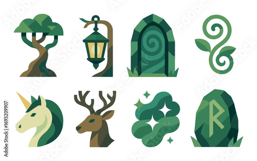 Fantasy nature flat icon set. featuring tree, lantern, door, vine, unicorn, deer, cloud, rune.