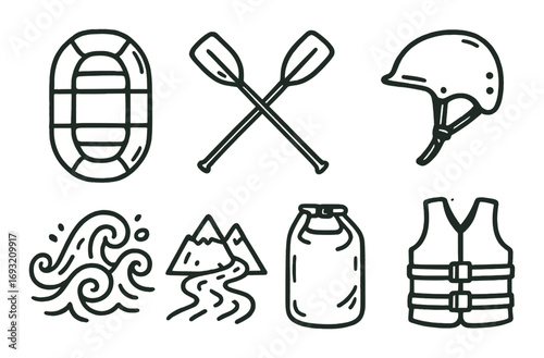 Adventure gear linear icon set. featuring raft, paddles, helmet, waves, mountain, dry bag, and life vest.