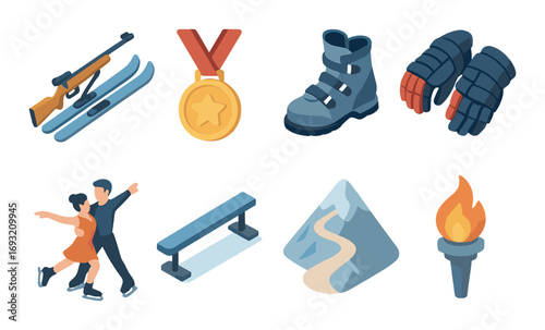 Winter sports isometric icon set. featuring ski, medal, boots, gloves, skaters, bench, mountain, and torch symbols.