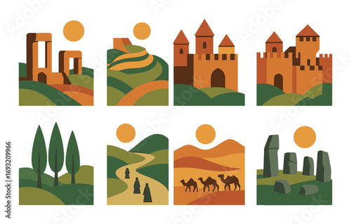 Scenery silhouette icon set. featuring castle, landscape, trees, pyramids, camels, stonehenge, and village scenes.