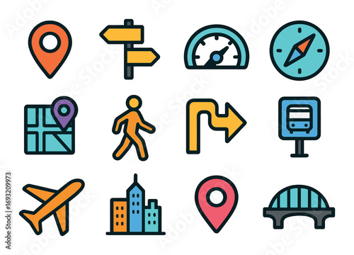 Travel and navigation flat icons set. featuring map, compass, airplane, signpost, bridge, and gps symbols.