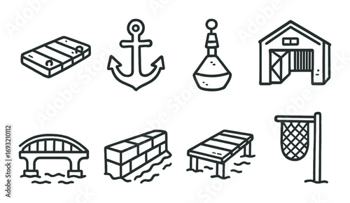 Nautical elements linear icon set. featuring dock, anchor, buoy, warehouse, bridge, breakwater, fishnet.