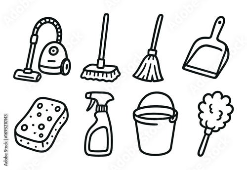 Cleaning tools linear icon set. featuring vacuum, mop, broom, dustpan, sponge, spray, bucket, and duster symbols.